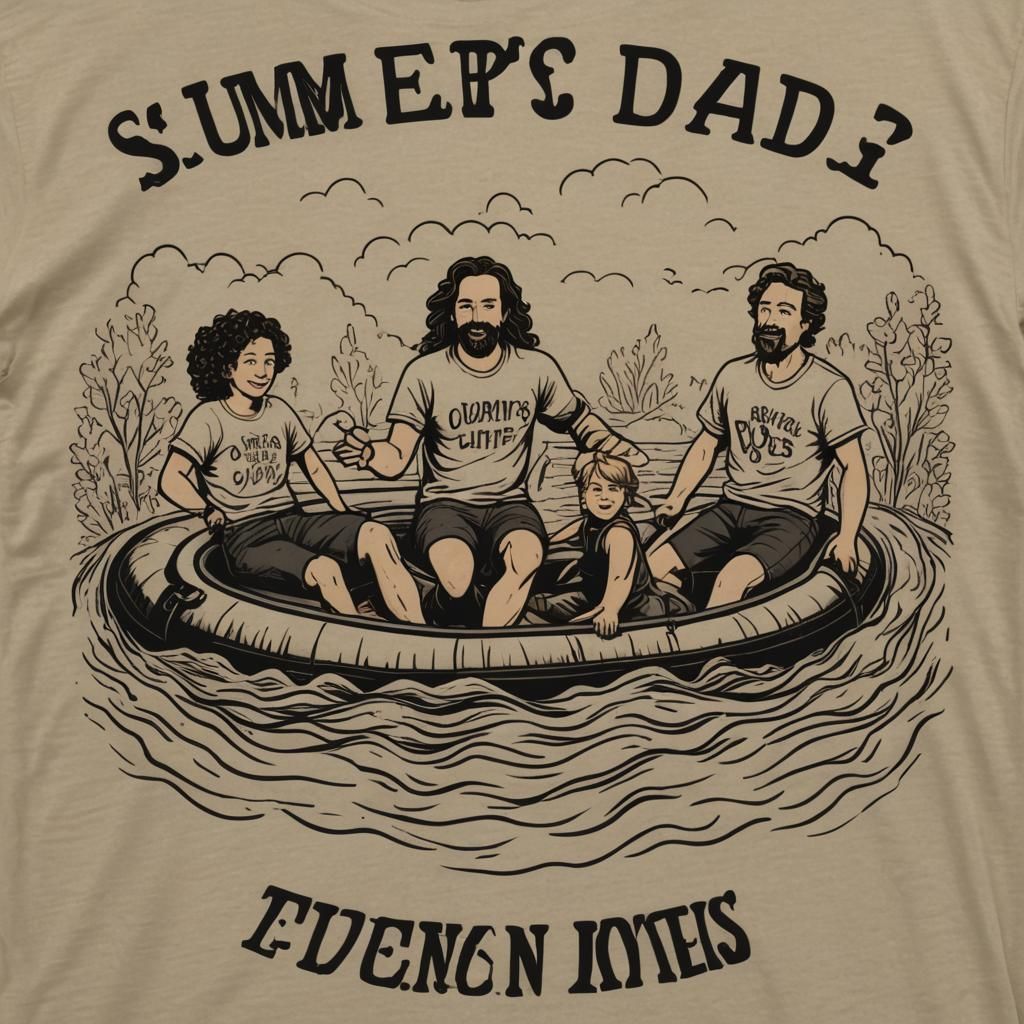 T shirt design for a summer vacation shirt with two dads and two kids on  inner tubes floating a river. Add Two Gay Dads as the shirts captio... - AI  Generated Artwork -