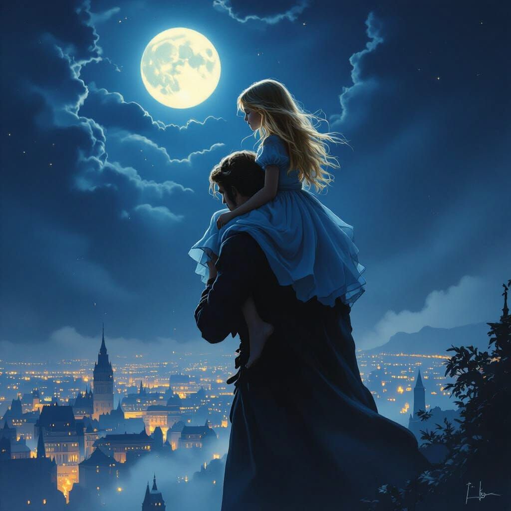 A girl with long blonde hair getting taken by a shadow man into the sky on his shoulder above her city