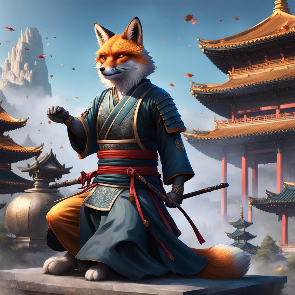 Samurai fox with hat, on the background is battlefield with fallen ...