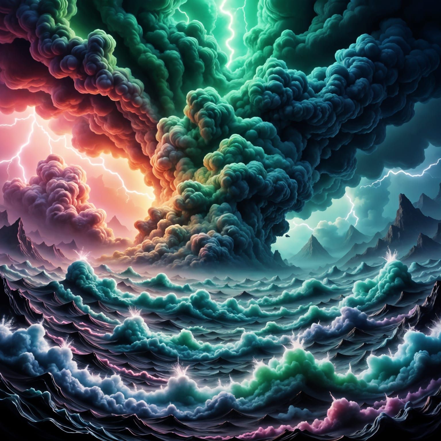 Hurricane on the ocean: The devil will come in the Eye of the Storm, neon electric lightning, colorful swirling clouds <lora:Eye of the Stor...