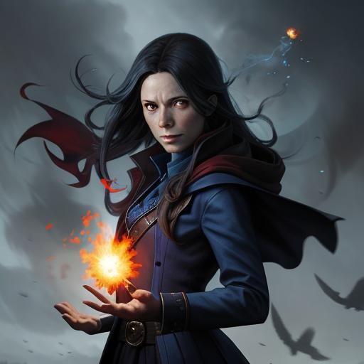 Blue witch casting fireball
Flying