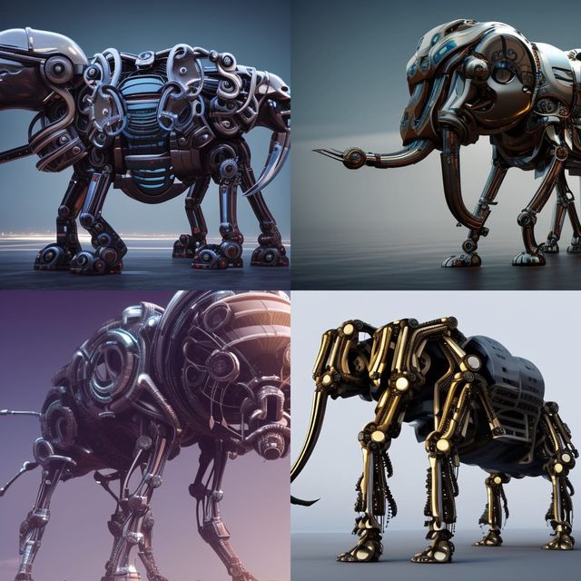 Mechanical robot elephant with four long spindly arachnid-like legs, gears, futuristic