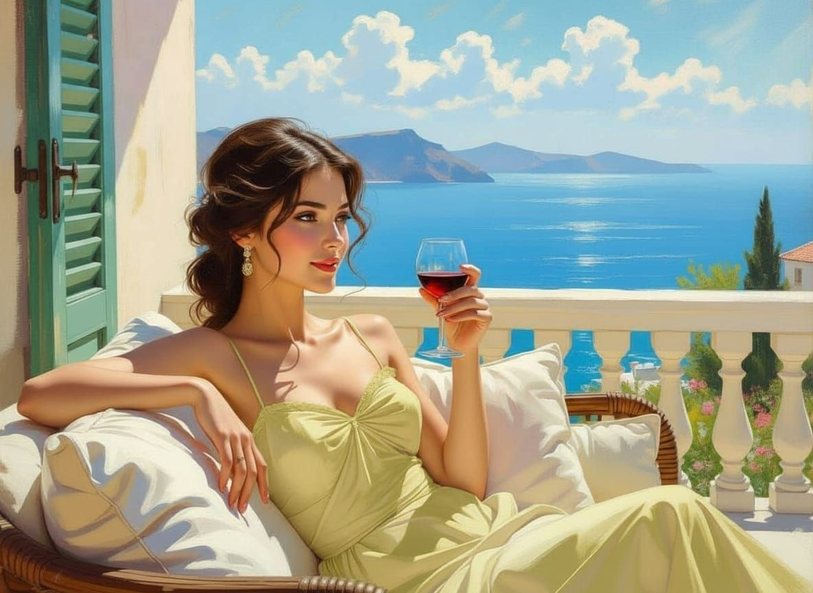 Impressionist Oil Painting of Woman with Wine on Greek Villa...