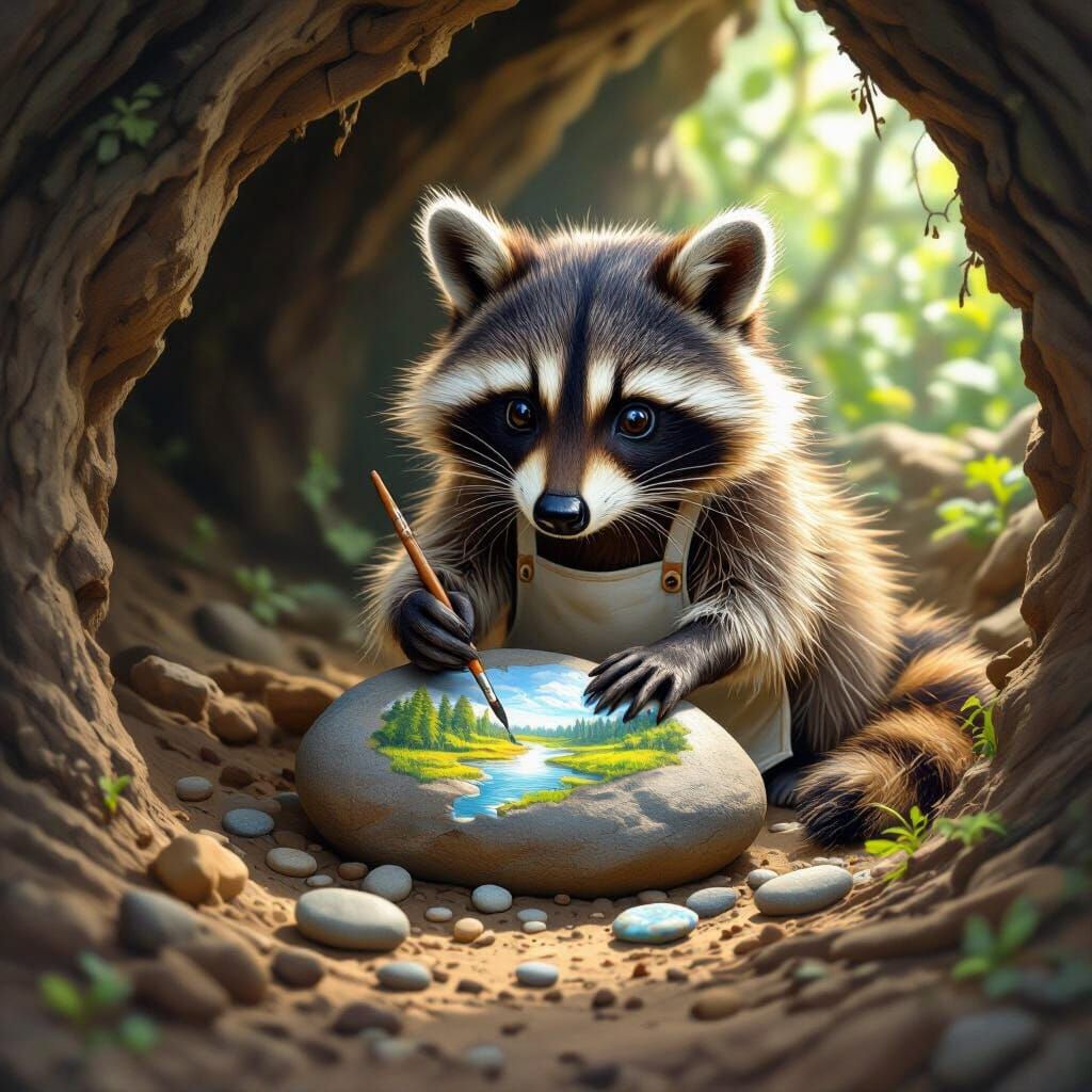Illustration, painterly realism. A racoon wearing a tiny apron meticulously paints a miniature landscape ...  by @JJackyR