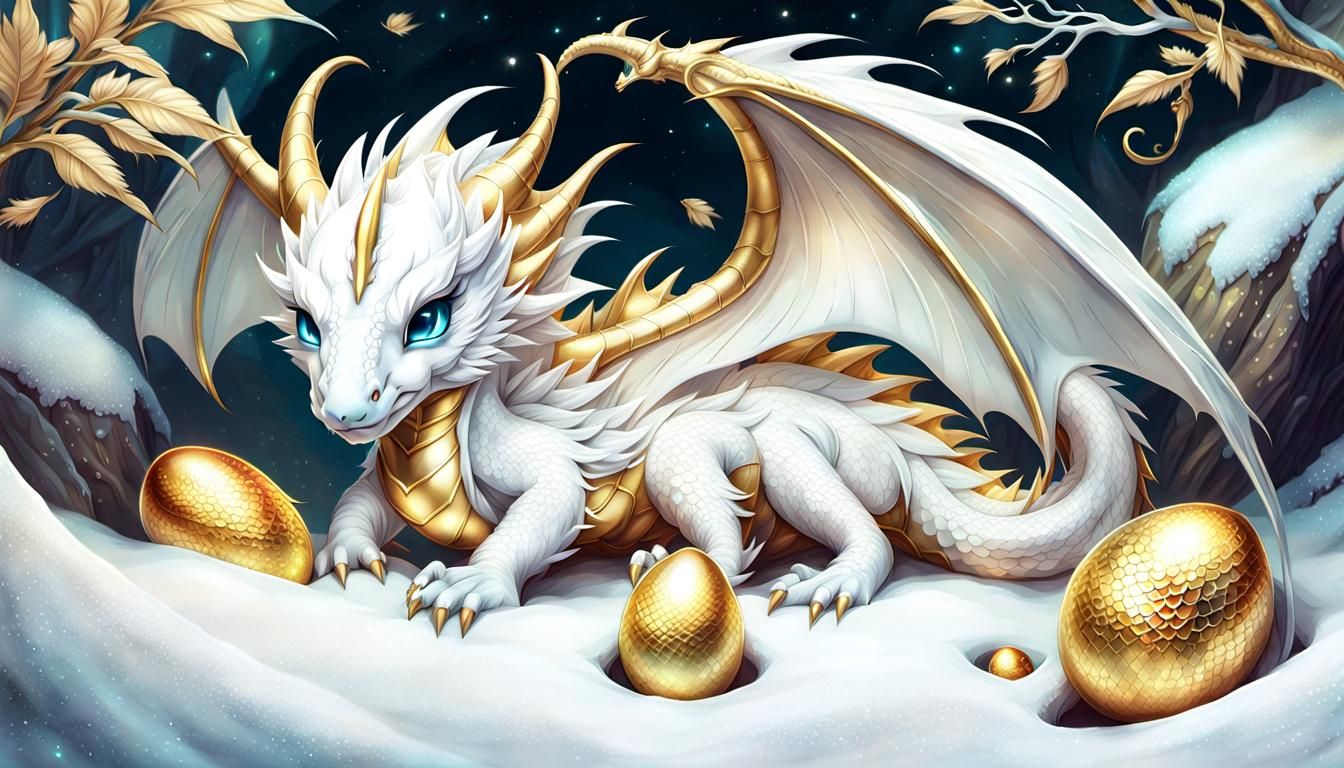 White and Gold Dragon in her Nest  by @Yulia 