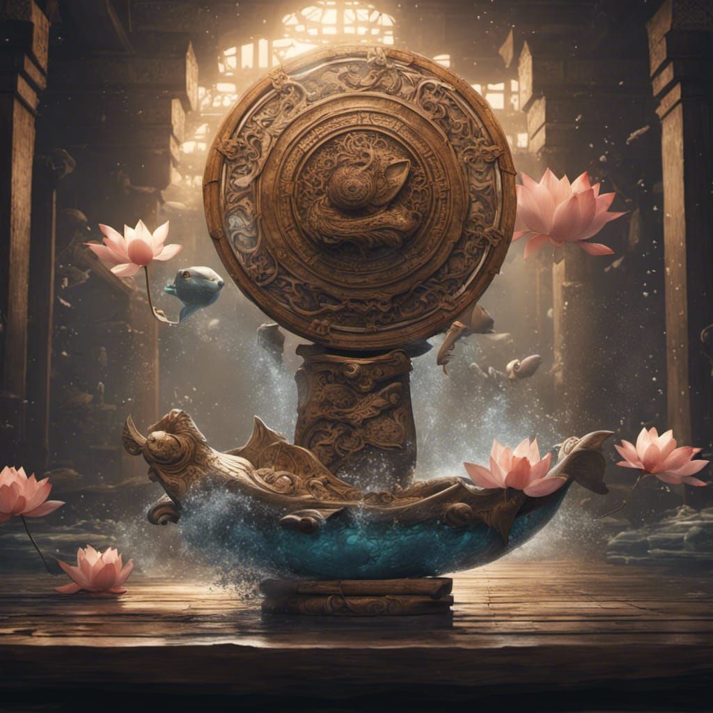 Fan, lotus, fish, water splashes, wooden, oriental