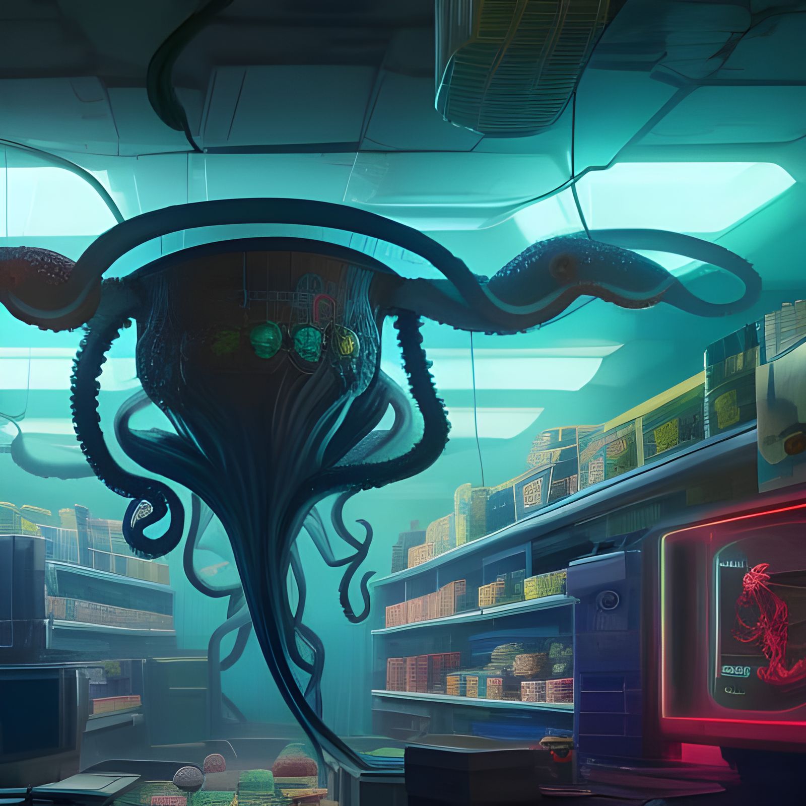 mutant octopus in cyberpunk supermarket - AI Generated Artwork ...