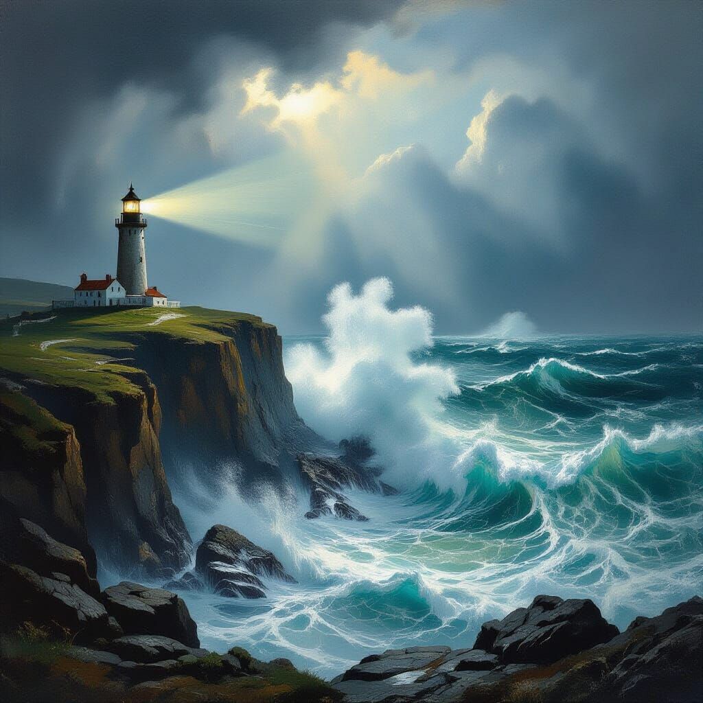 Lighthouse on Stormy Coastline, Dramatic Sea and Sky
