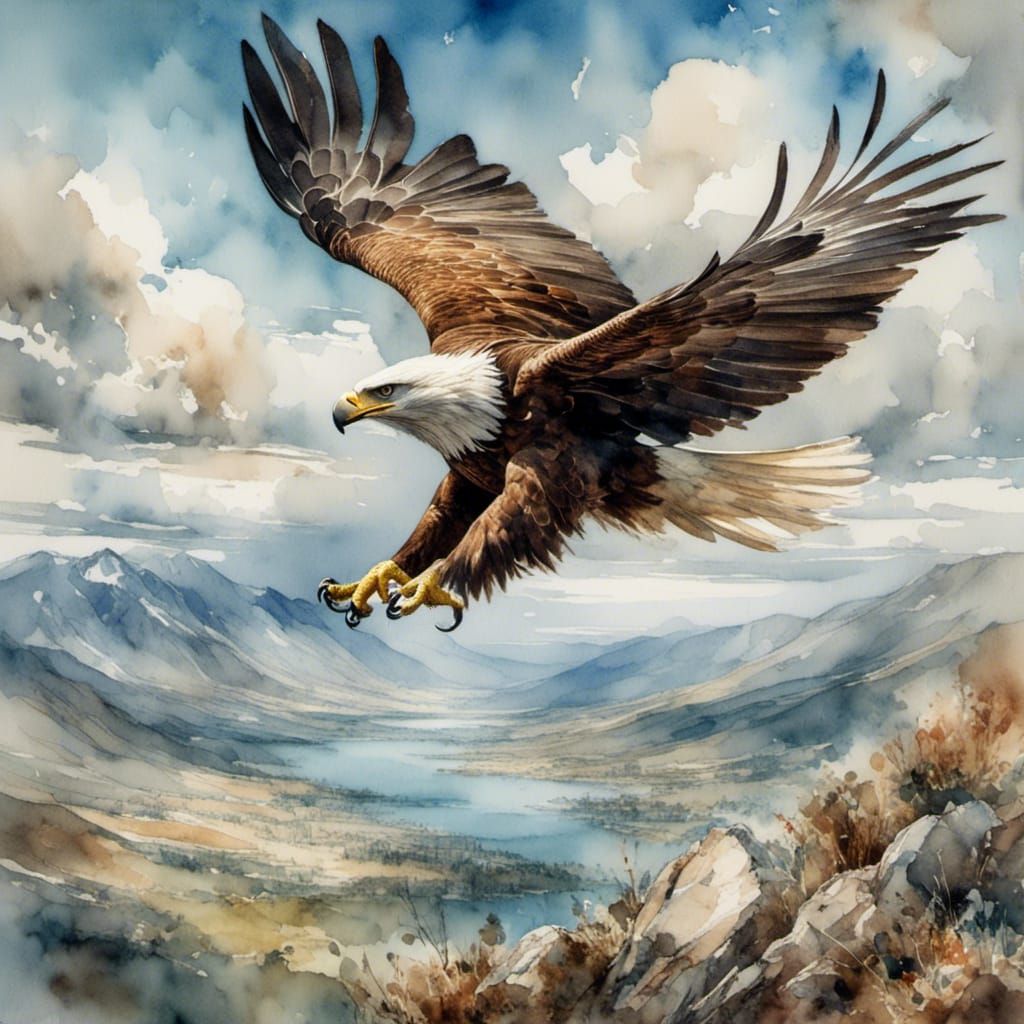 A watercolour painting of a majestic eagle soaring high in the sky, its powerful wings fully spread 
