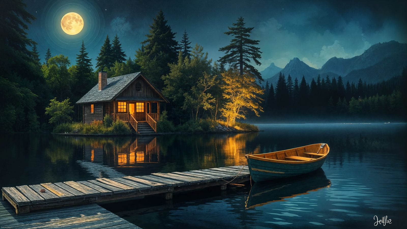 Gouache Masterpiece of Secluded Lake Cabin