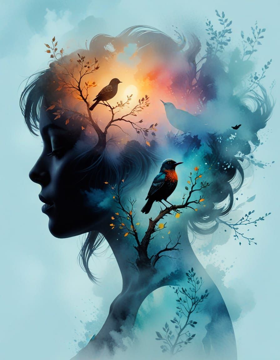 Digital Double exposure Artwork, a dark siluette of a female portrait on light blue, textured with filigrane ...  by @Tolino