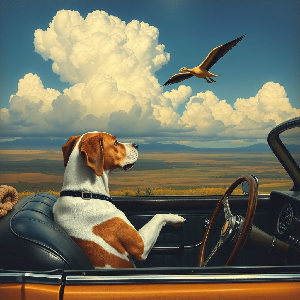 Dog Driver in Art Nouveau Landscape with Pterodactyl