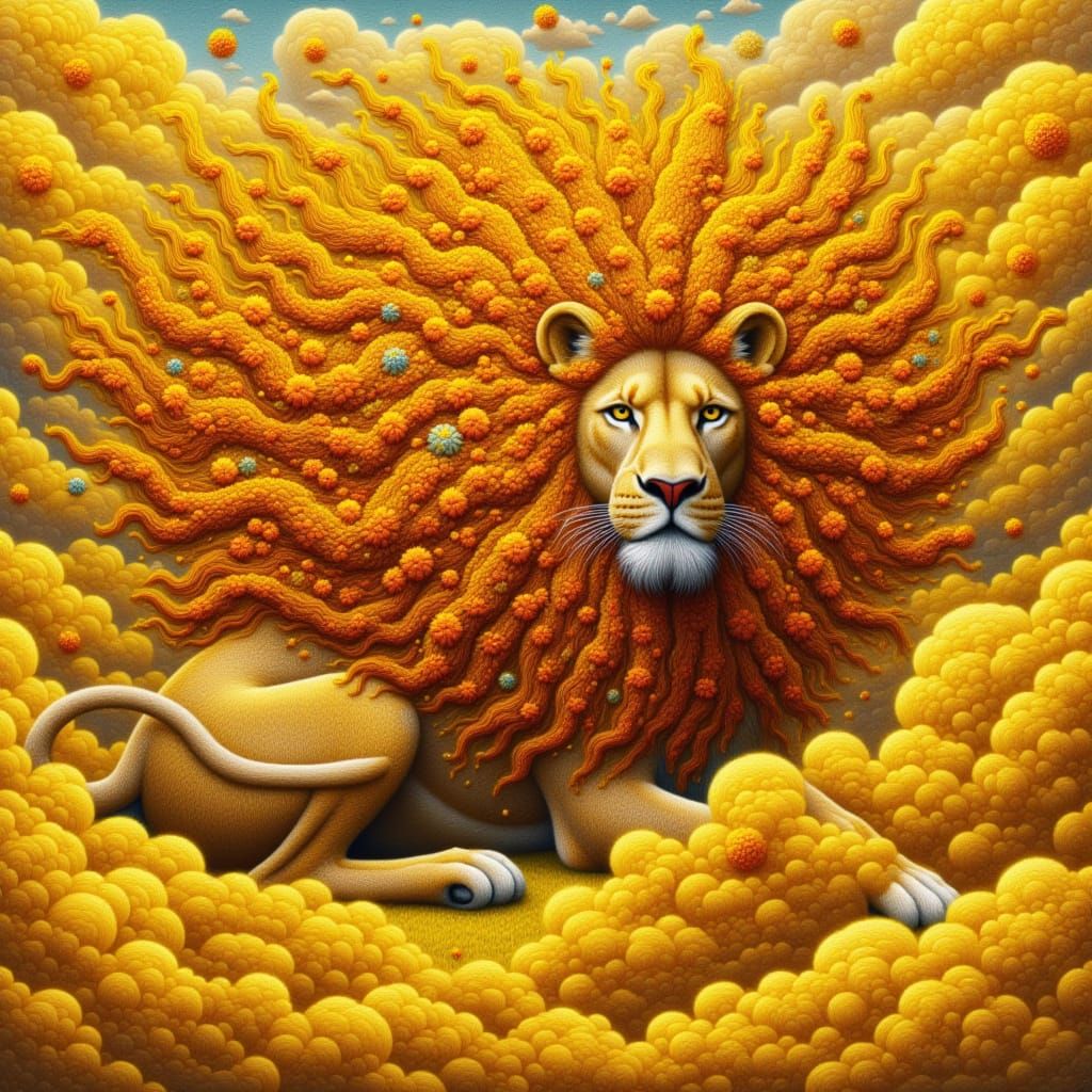 <lora:Kak-embroidery:1.0>Majestic surreal, embroidery yellow lion, painted,  its hair made entirely of yellow and orange small flowers clust...