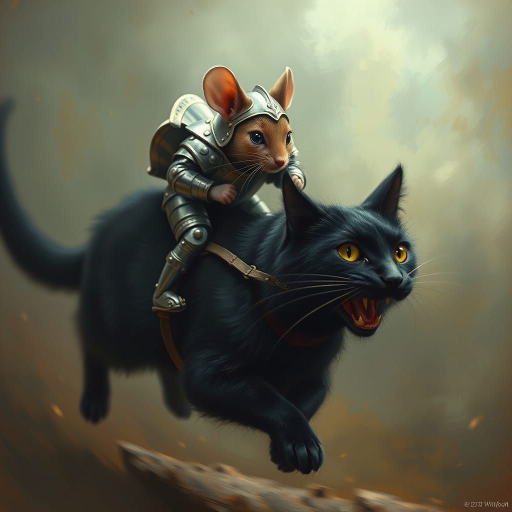 Mouse in silver armor galloping on a black cat  by @nonaivo