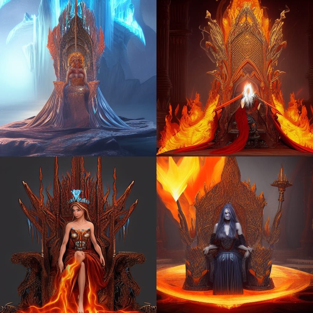 Throne Made Of Fire And Water Queen With Ice Crown And Brown Dress 