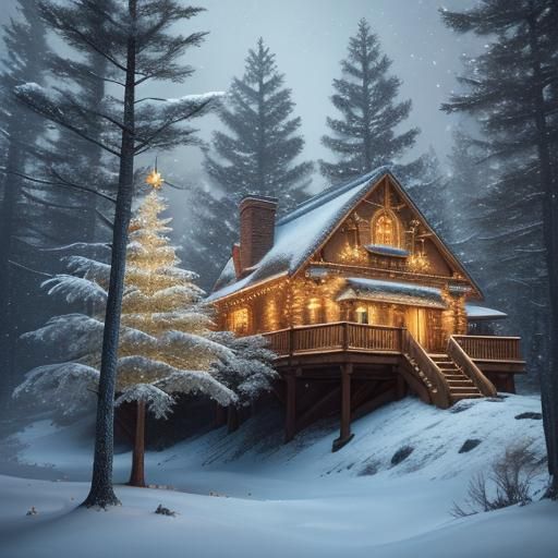 65 foot Christmas tree with lights and ornaments in middle of forest in snow