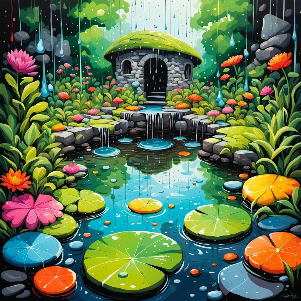 A raining garden full of lush greenery and a small pond nearby sorrounded by stones colourful image