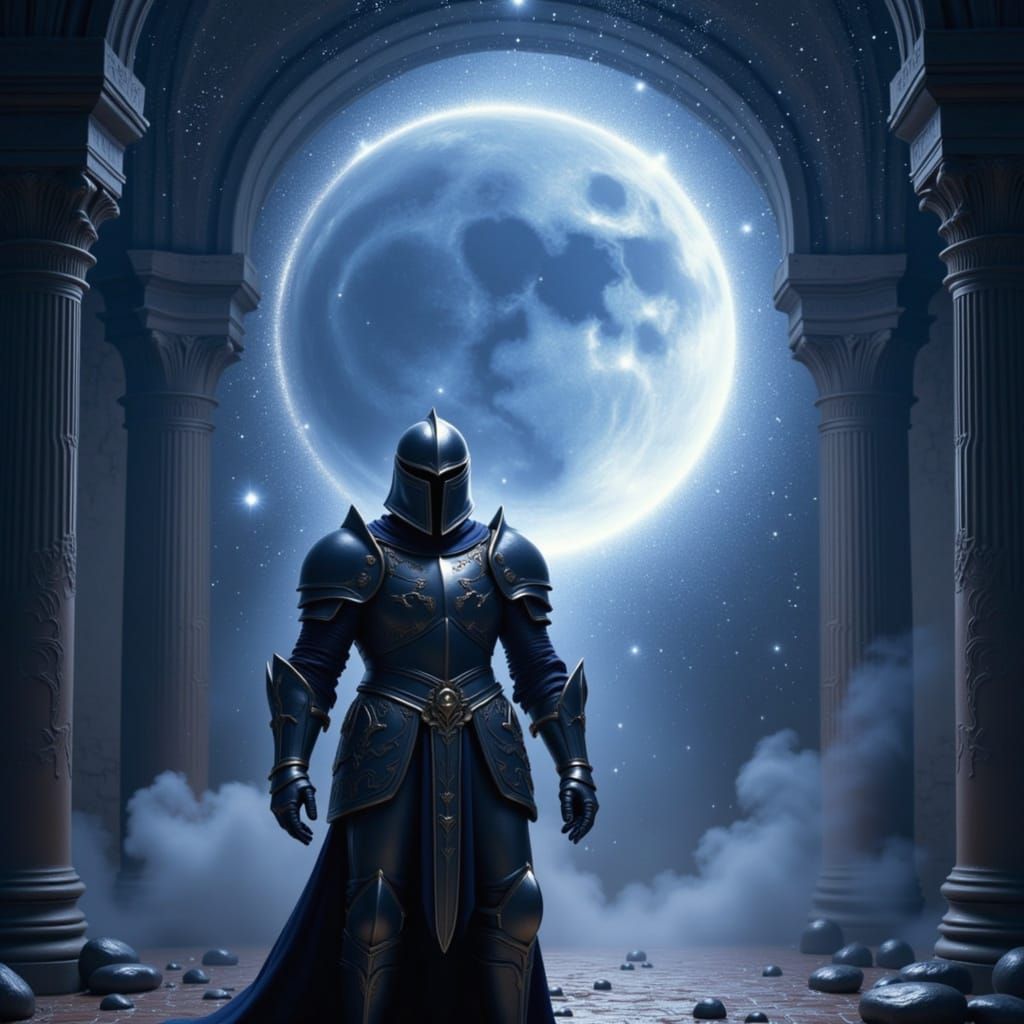 A knight, <lora:ManScape Foundry:1.0> clad in enchanted, moon-silvered armor <lora:ArmaduraMedieval:1.0> , stands guard before a shimmering ...