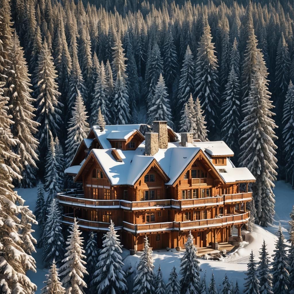 cosy rural scene, cottage core, stunning wooden lodge, mountain lodge, majestic, breathtaking; 