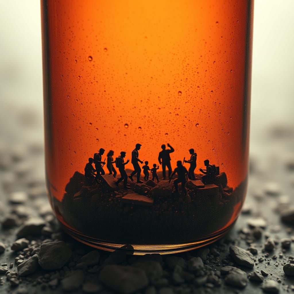 Tiny people inside a huge bottle, realistic 