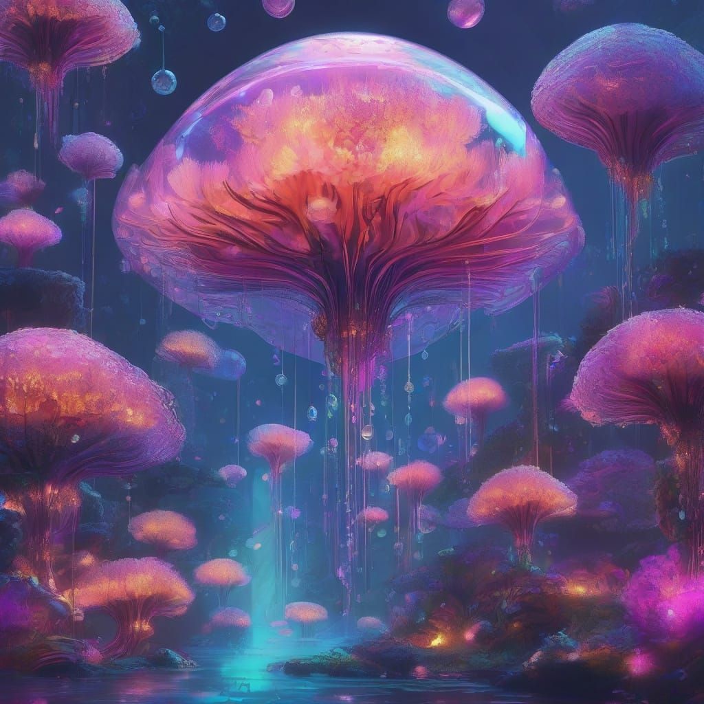 A whimsical underwater city carved from iridescent coral, illuminated by schools of tiny, sparkling fish that pulse with neon colors, surrou...