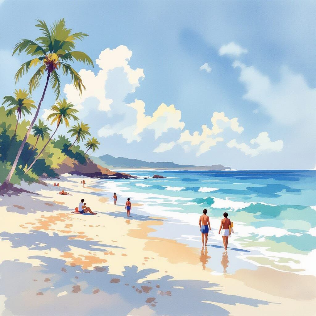 Serene Beach Scene in Expressive Watercolor Style