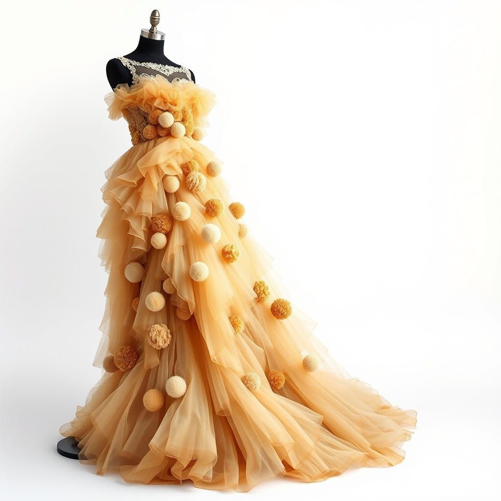 Elegant Golden Evening Gown in Whimsical Art Nouveau Style