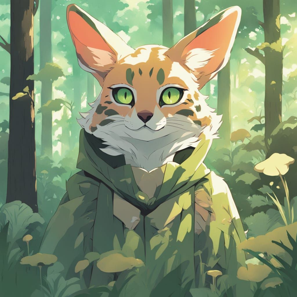 Concept art of an aged serval cat druid. Medium shot. A greyed serval cat stands upright in a mystical forest, wearing a moss green coat wit...