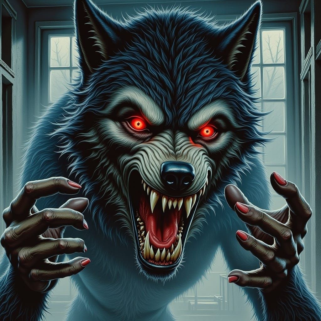 <lora:Flux Werewolf v2:1.0> ominous comic book cover art by Bernie Wrightson & Gene Colan & Saturno Butto & Bill Sienkiewicz depicting a sym...