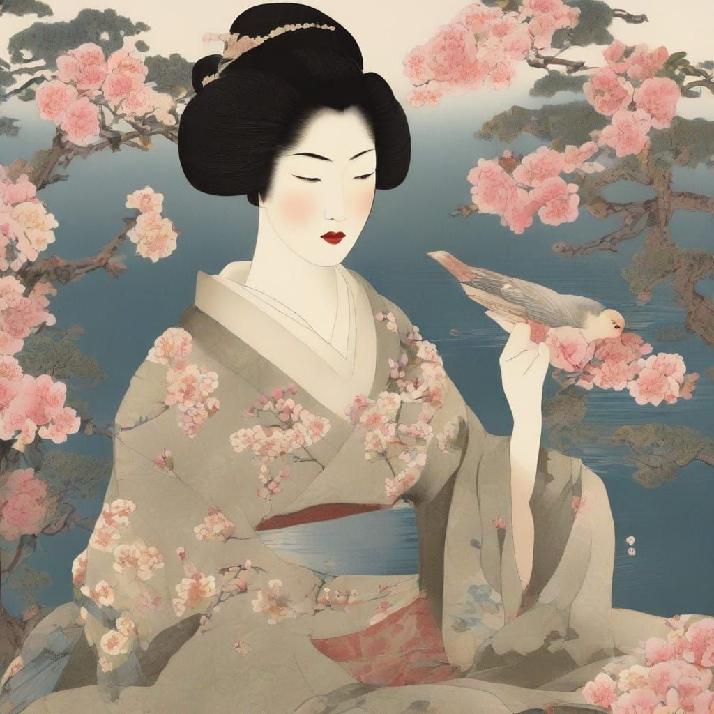 Serene Japanese Woman in Ukiyo-e Style Woodblock Print