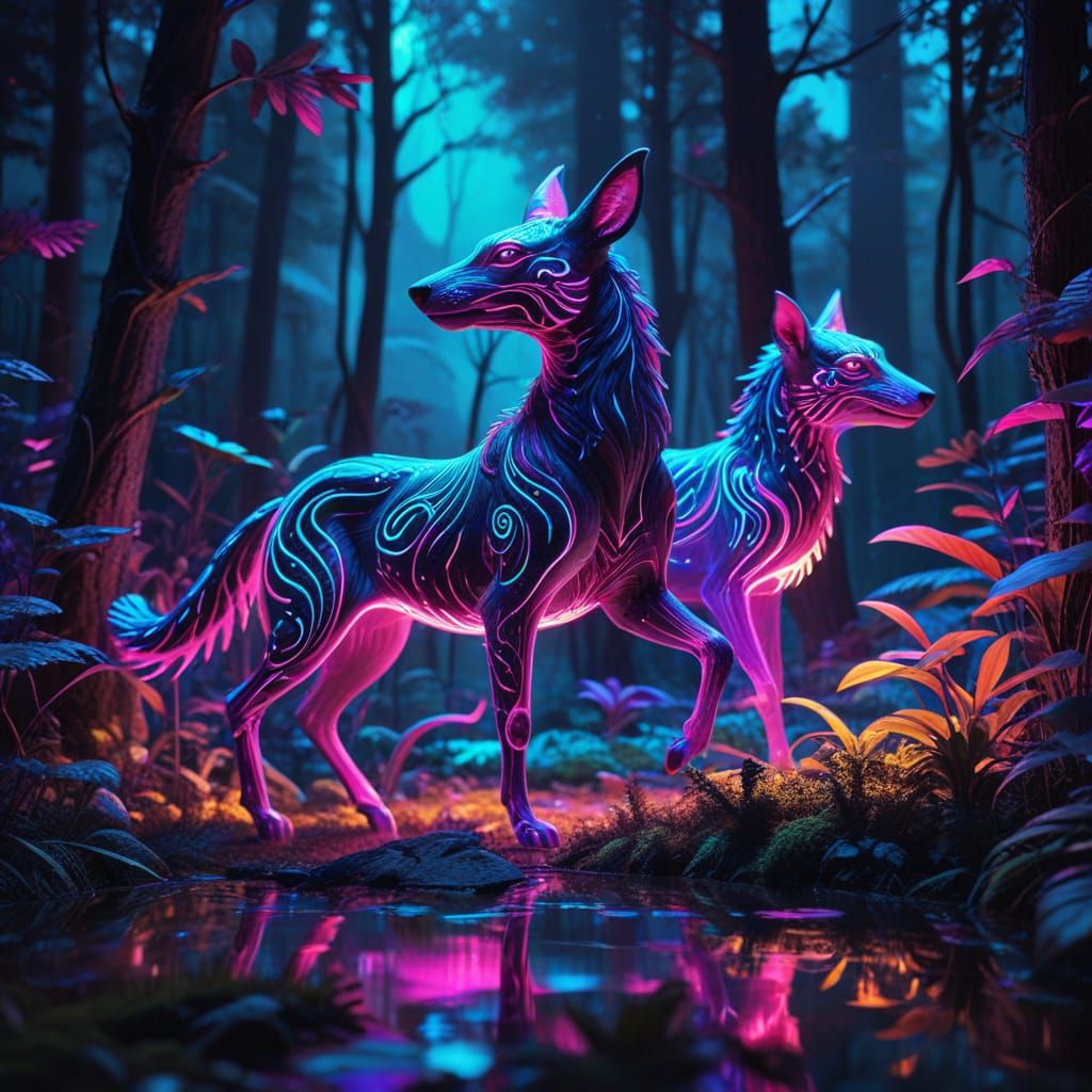 Surreal Forest Disco Scene in Vibrant Neon Colors