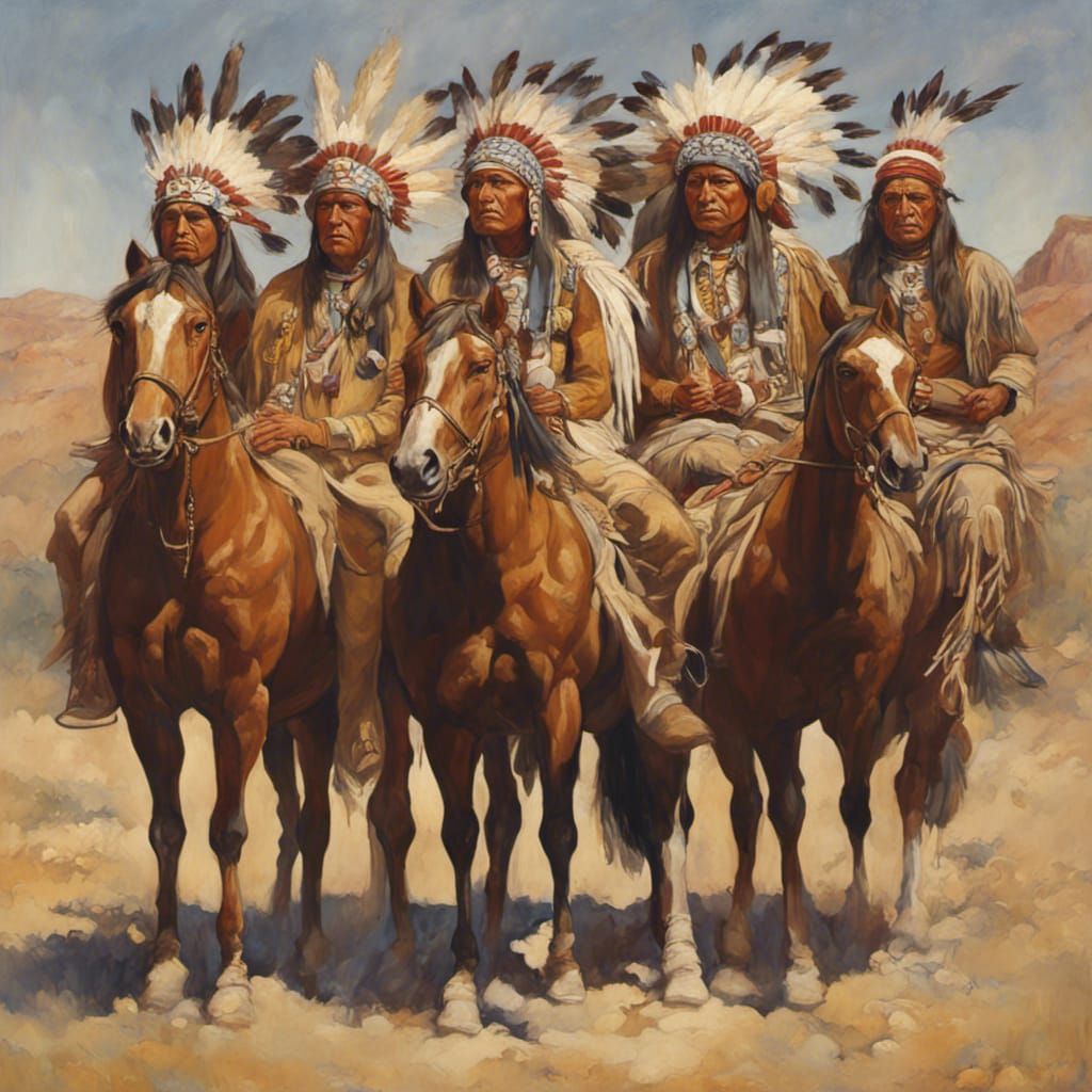 Seven Native American chiefs sitting on horses in a line all...