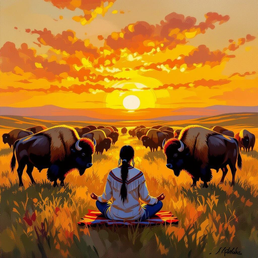 Native American Indian woman meditating . Buffalo Herd. Golden sunset 