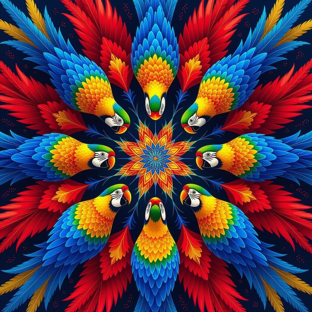Imagine a kaleidoscope of colorful parrots, their feathers forming intricate patterns and symmetrical ...  by @Terryh