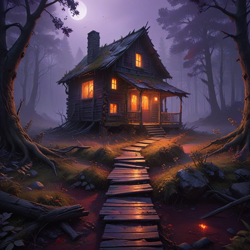 Eerie Red Path to Abandoned Cabin in Misty Forest