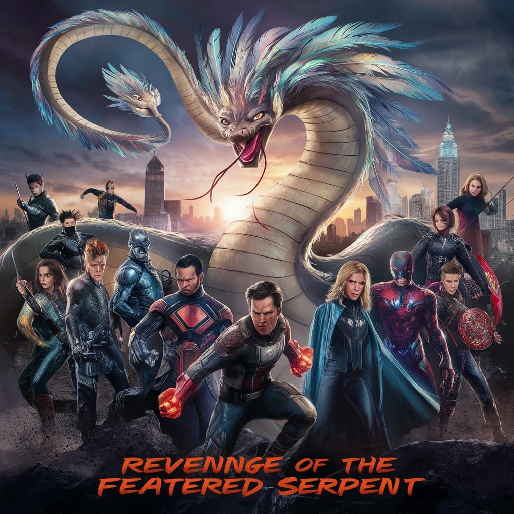 Movie poster: Revenge of the Feathered Serpent, modern cartoon style, avengers style, hyper detailed, hyper precise