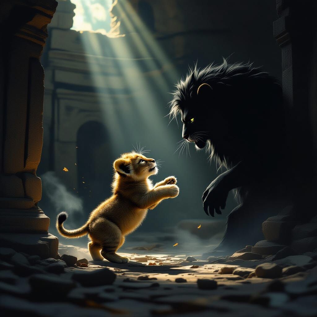 Lion Cub's Brave Leap in Ancient Ruins
