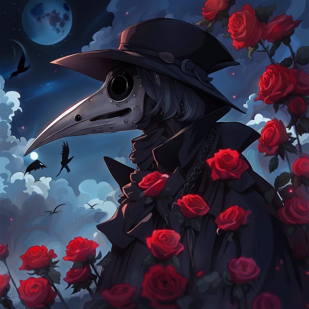 plague doctor, sad, roses, gothic, red and blue and black, horror, soft ...