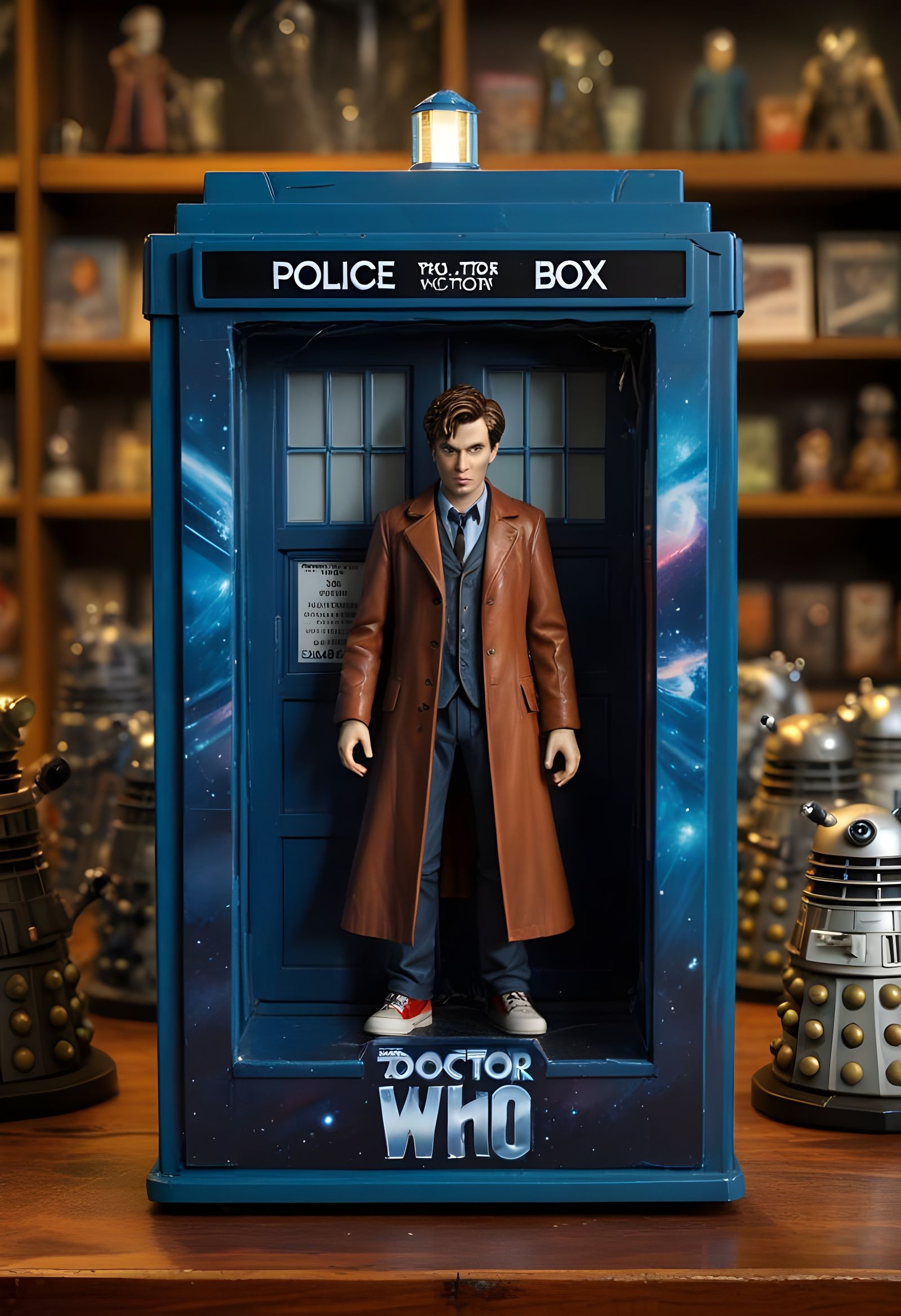 plastic blister box designed like the TARDIS. Inside the blister box a captivating 10th Doctor Who in ...  by @Good_Vibes_Only