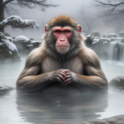 Snow Monkey in Hot Spring: Japanese Macaque Portrait