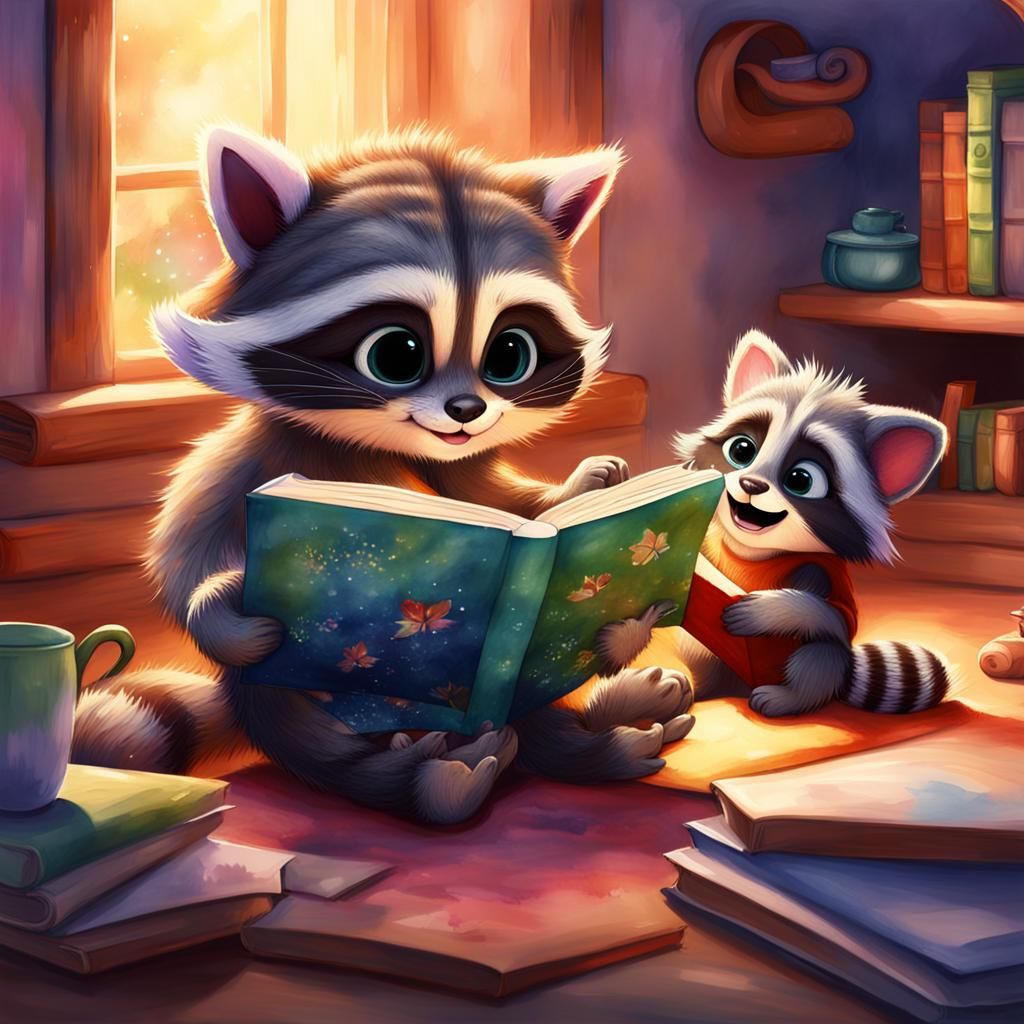 A charming watercolor illustration of a kitten and a baby raccoon ...