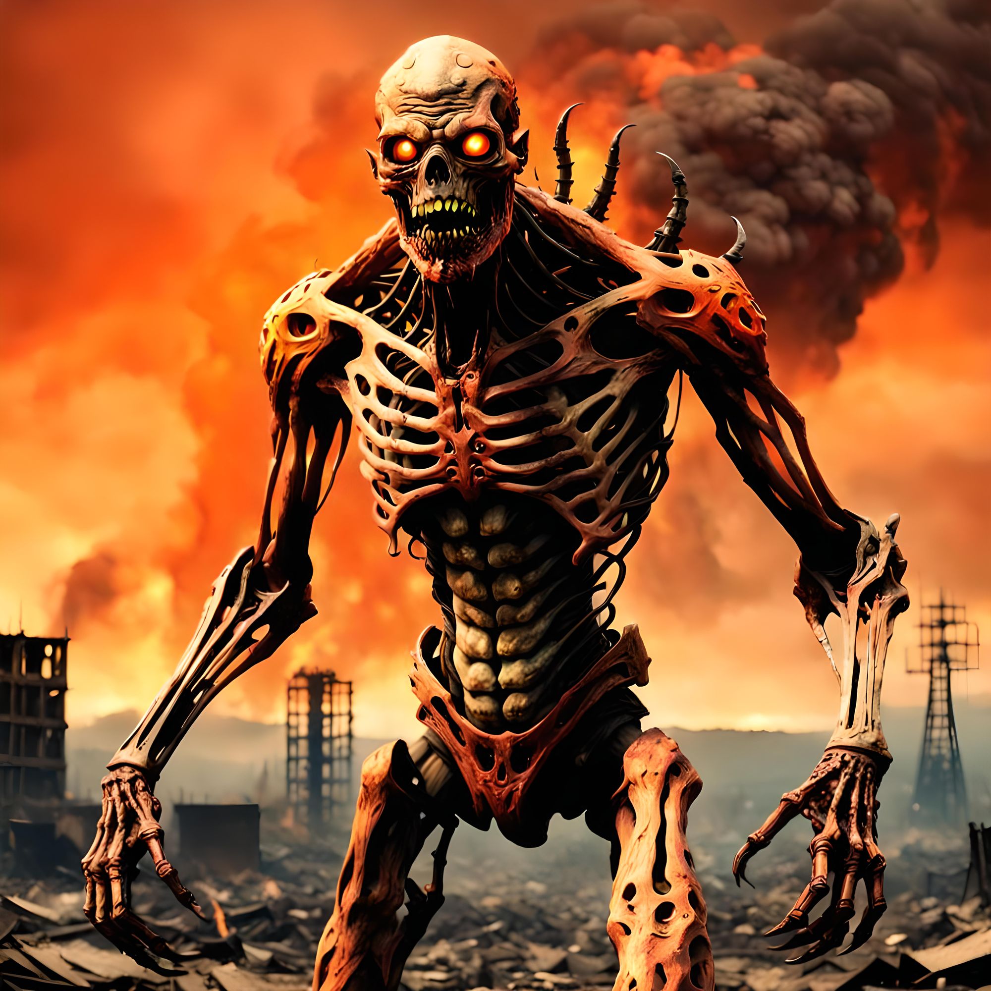 Absolutely Horrifying pure evil humanoid body grotesque undead monster demon hungrily stalking you the human viewer in post apocalyptic eart...