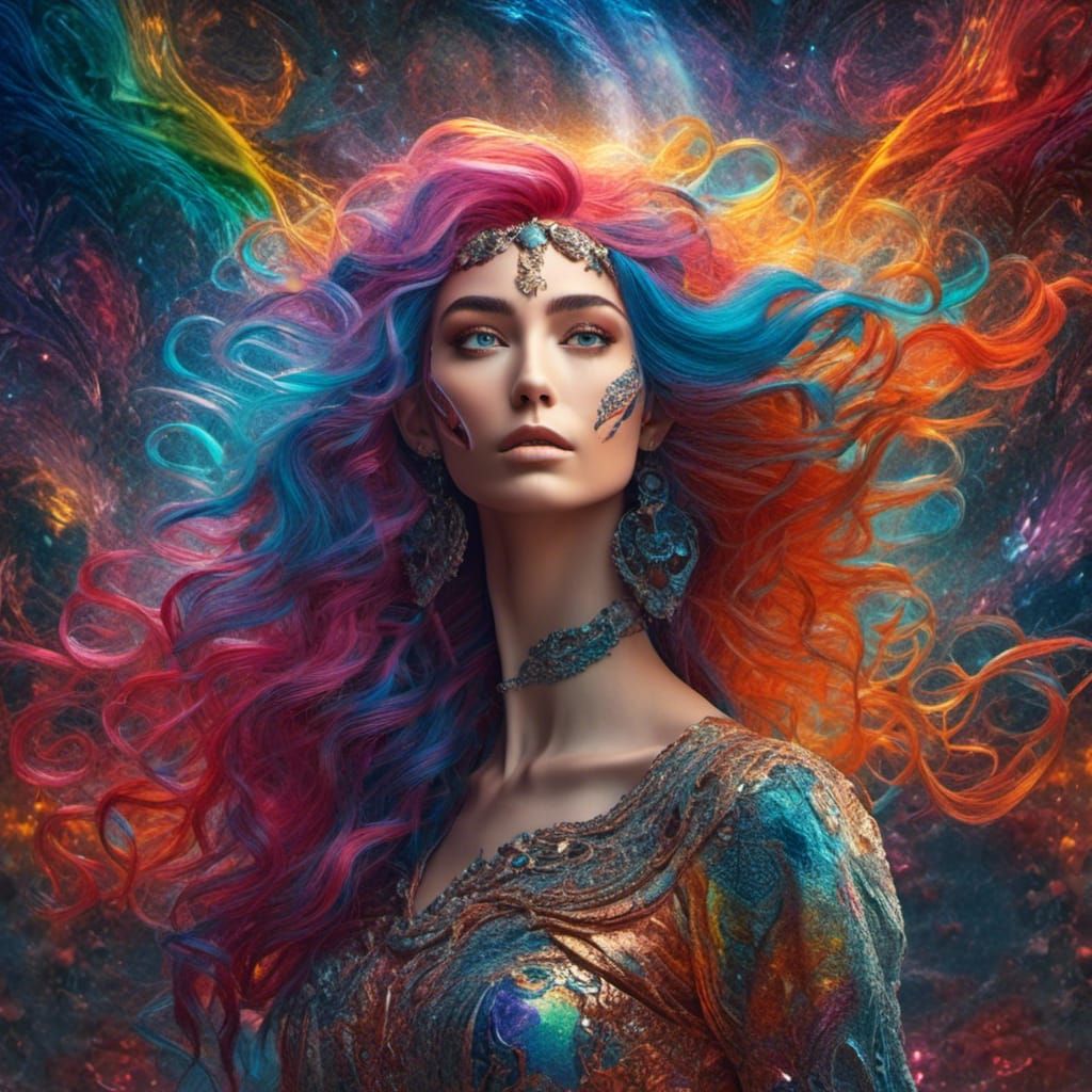 <lora:RealisticPortrait:1.0> Woman with Rainbow hair and dress  by @NeverGiveUp5789
