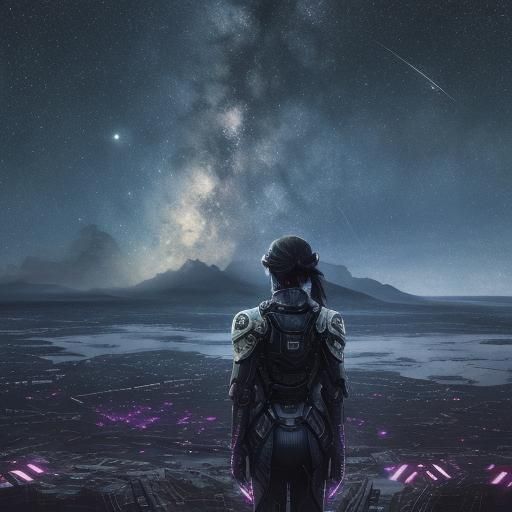 Woman gazing off into horizon towards pace colony, Surrealis...