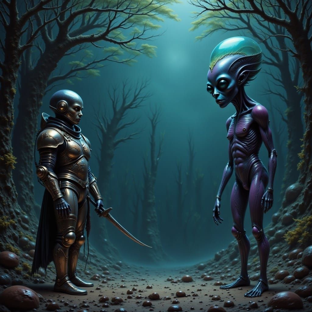 A medieval knight meets an alien <lora:Lost in Space:1.0> 