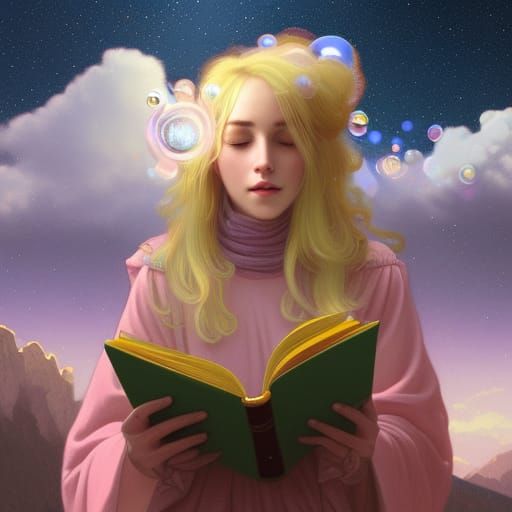 Colorful Girl Reading in Dreamy Mountain Landscape