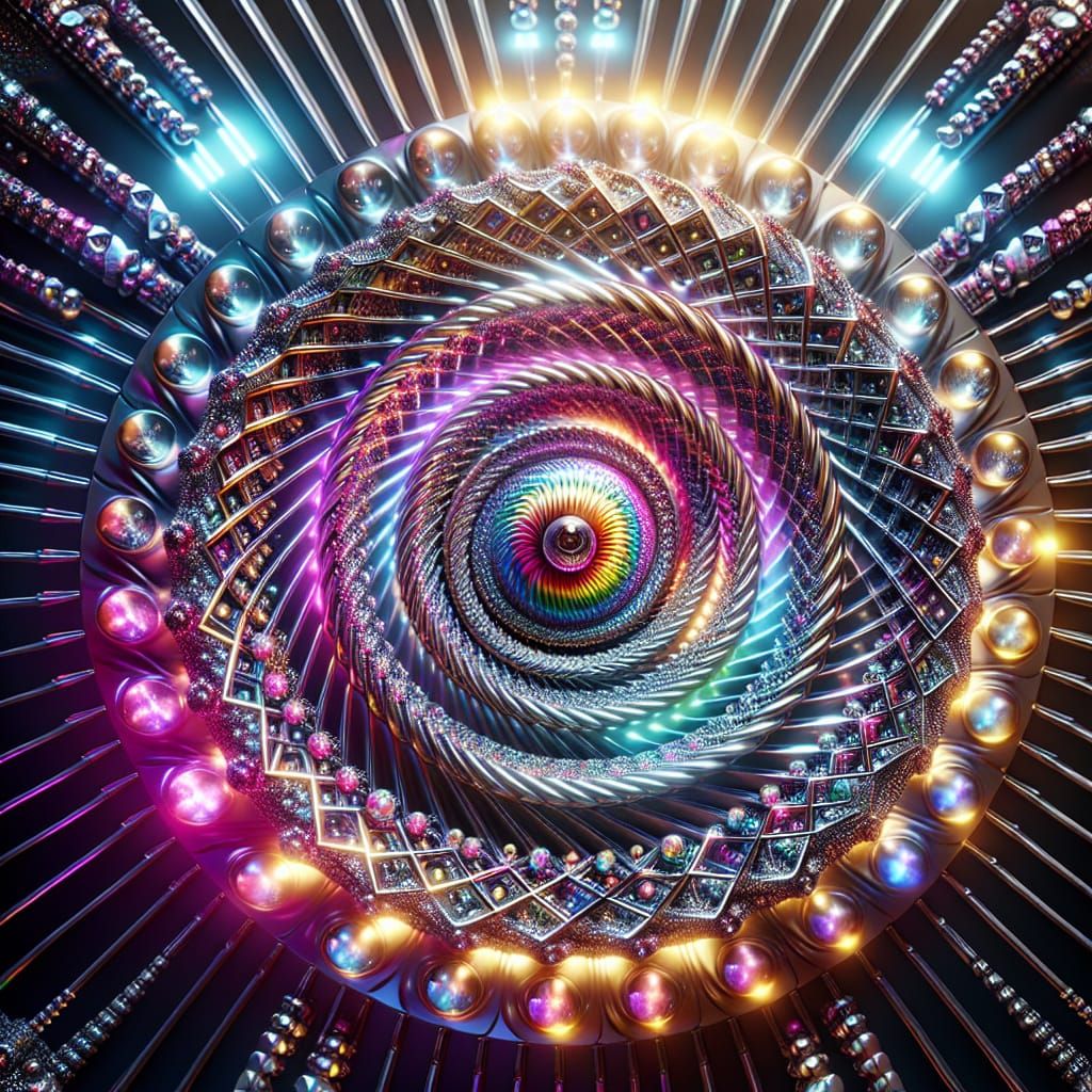 Enhance start image The most beautiful vivid synthwave 2099 blacklight (rainbow), metal, Chrome, gemstones spiral geomet...