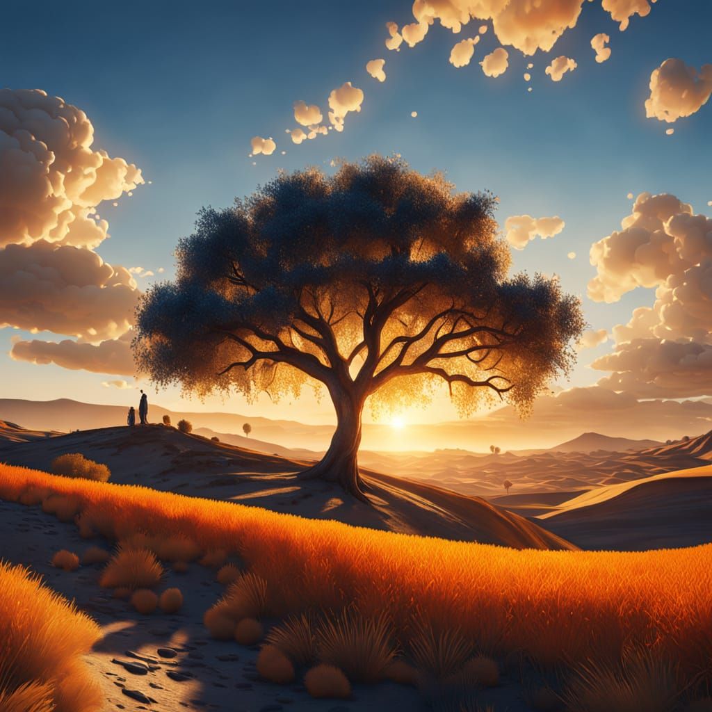 Surreal Glass Tree in Golden Desert Sunset