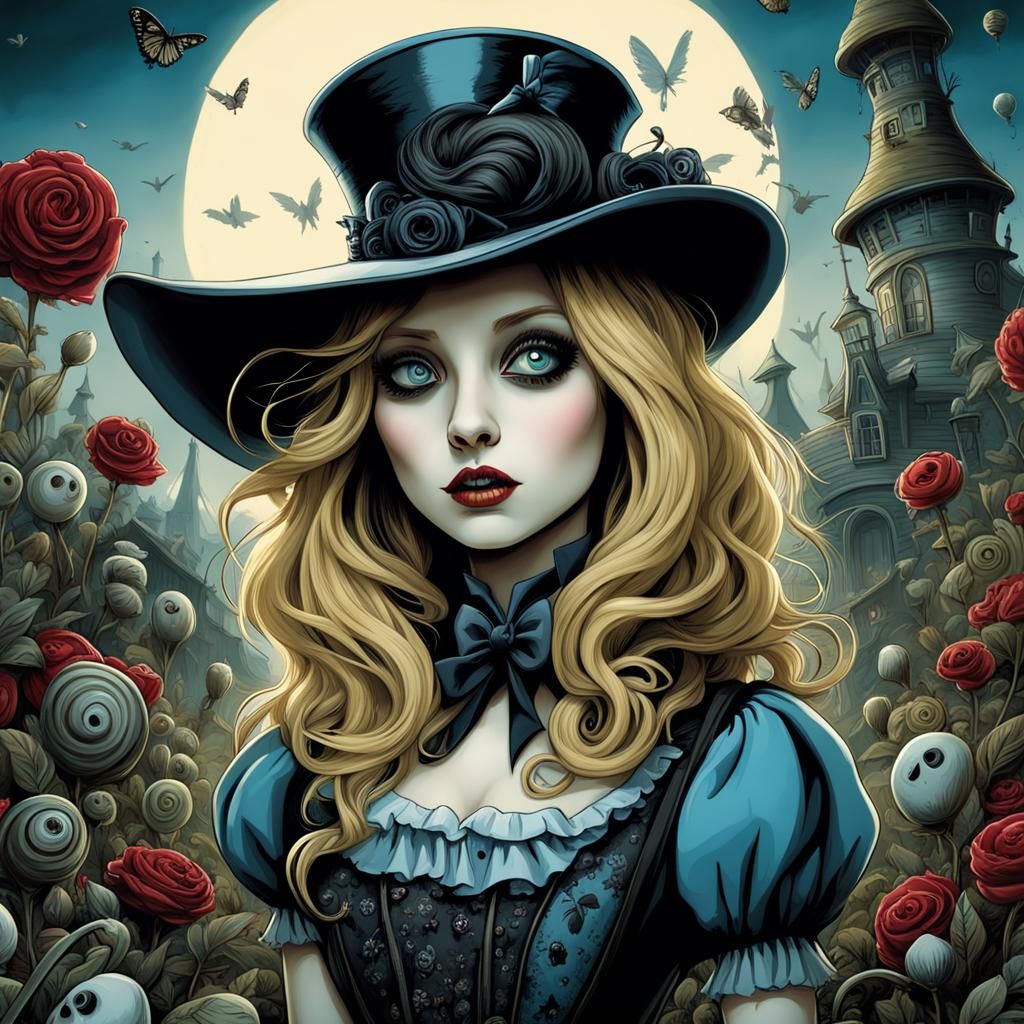 alice in zombieland, front view, style of Tim Burton, Glenn ...