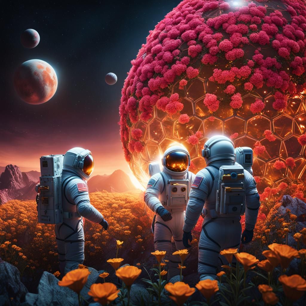 Three men in spacesuits tending to the flowers in a geodesic...